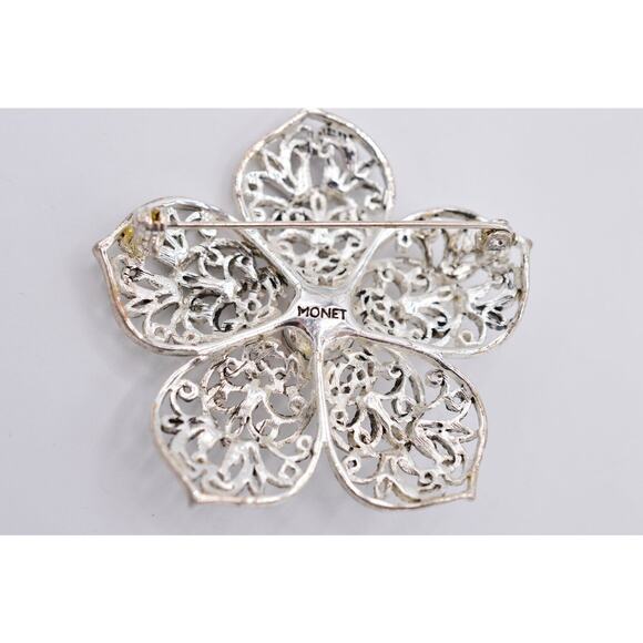 Monet Vintage Pin Brooch Silver Filigree Pink Crystal Flower Shiny Signed Bin5B - Picture 11 of 12